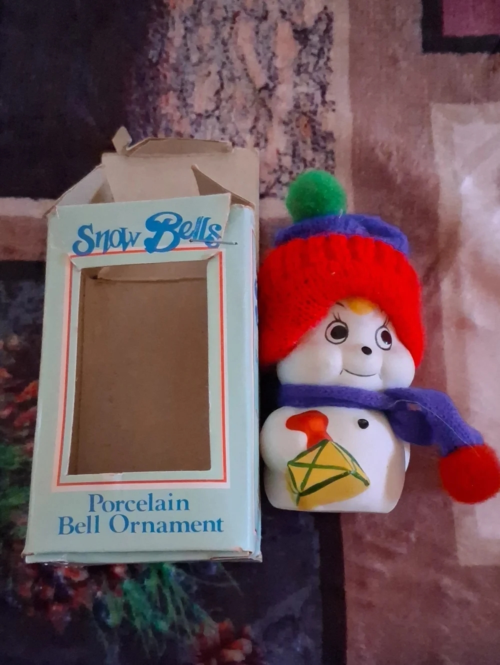 Porcelain Snowman Bell Ornament - Red Hat, Purple Scarf